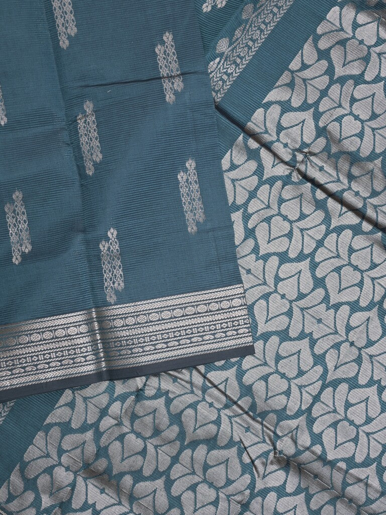 Mangalagiri fancy saree dark grey color allover zari motifs & zari border with rich pallu and plain blouse