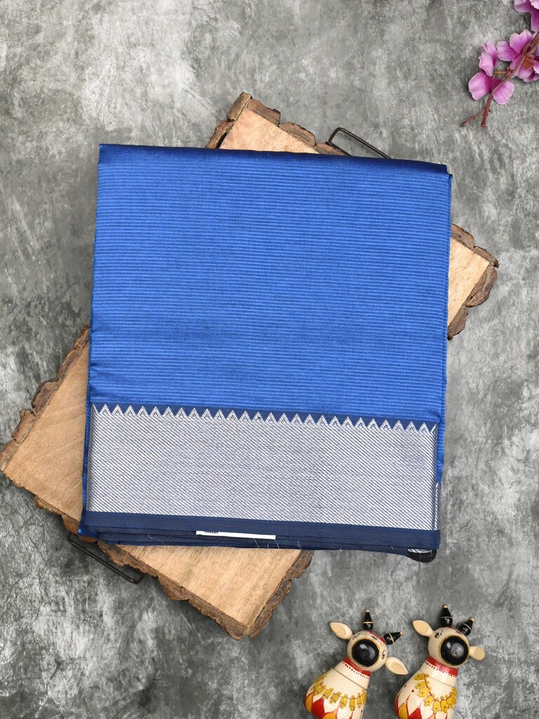 Mangalagiri fancy saree royal blue color allover plain & small kaddi border with zari pallu and running blouse