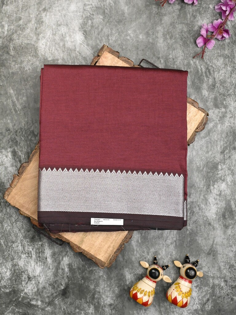 Mangalagiri fancy saree maroon color allover plain & small kaddi border with zari pallu and running blouse