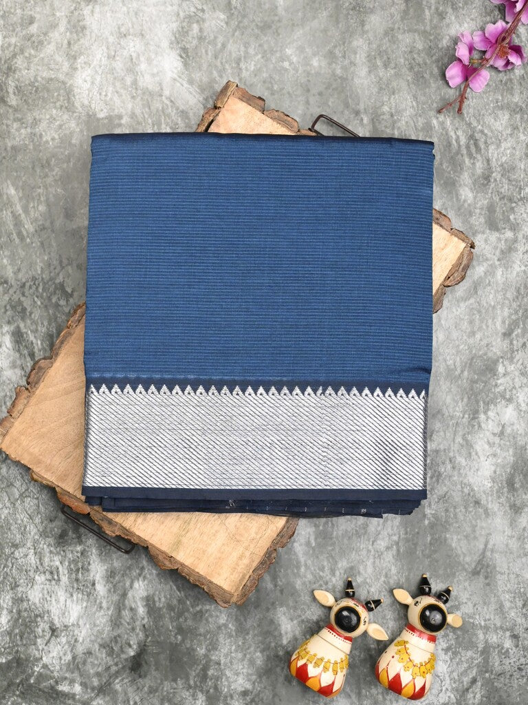 Mangalagiri fancy saree navy blue color allover plain & small kaddi border with zari pallu and running blouse