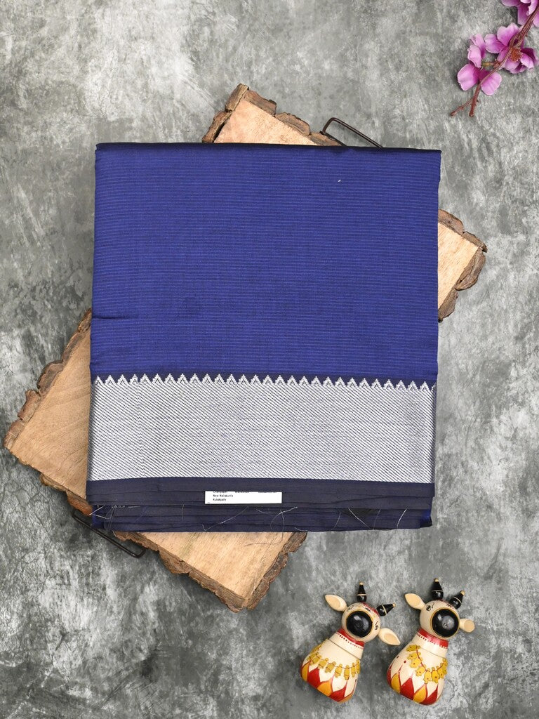 Mangalagiri fancy saree dark blue color allover plain & small kaddi border with zari pallu and running blouse