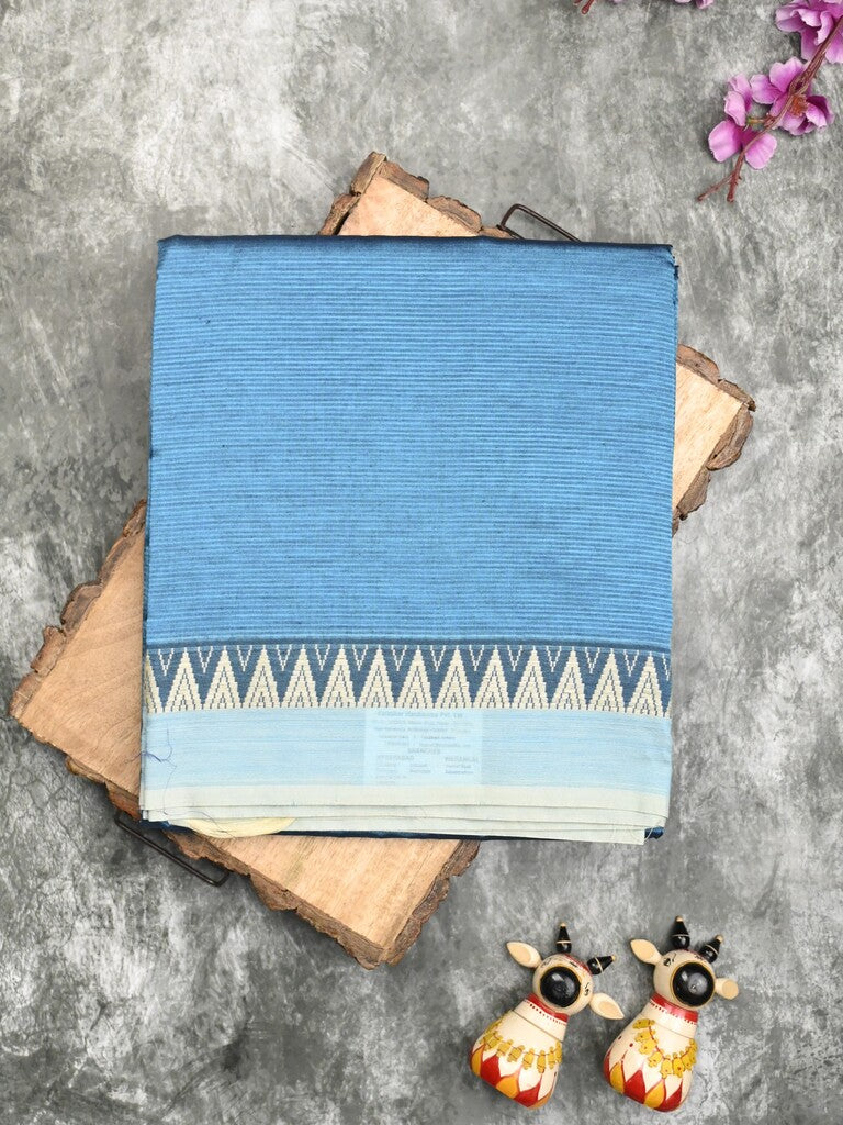Mangalagiri fancy saree light blue color allover plain & temple border with zari pallu and running blouse