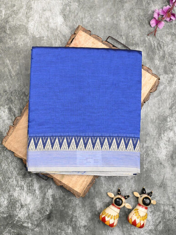 Mangalagiri fancy saree royal blue color allover plain & temple border with zari pallu and running blouse