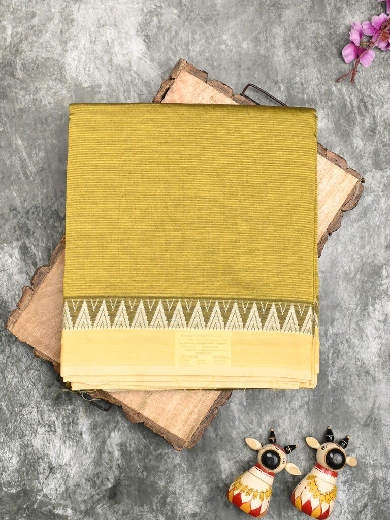 Mangalagiri fancy saree mustard yellow color allover plain & temple border with zari pallu and running blouse