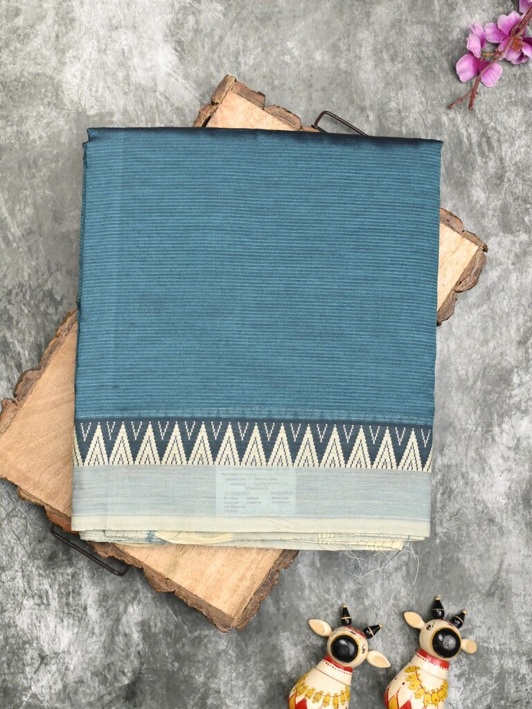 Mangalagiri fancy saree bluish grey color allover plain & temple border with zari pallu and running blouse