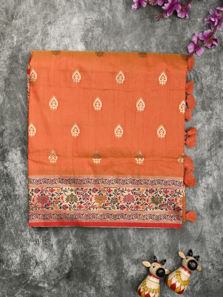 Dupion fancy saree orange color allover zari motifs & zari border with rich pallu and attached self blouse