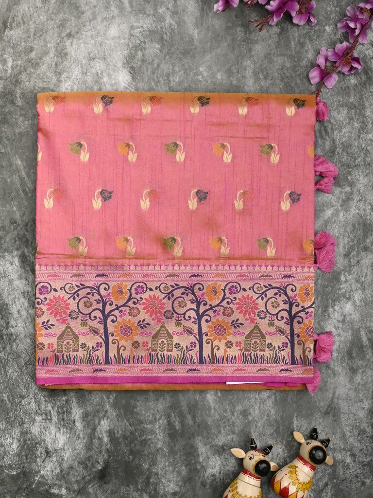 Dupion fancy saree rose pink color allover zari motifs & zari border with rich pallu and attached self blouse