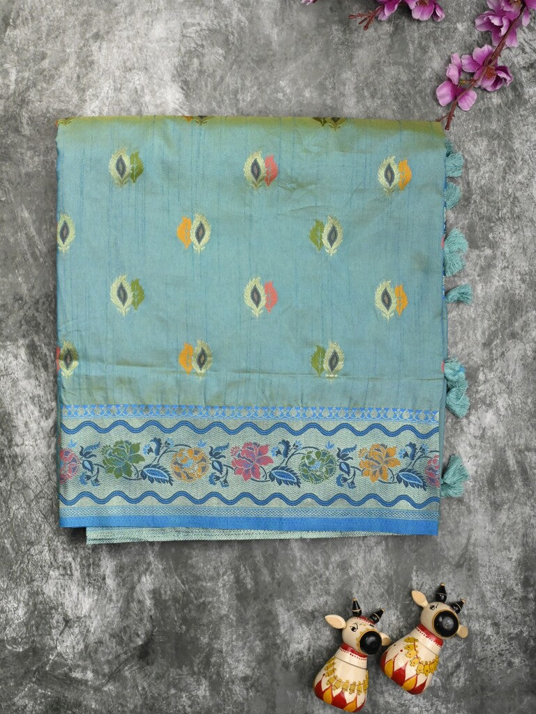 Dupion fancy saree light blue color allover zari motifs & zari border with rich pallu and attached self blouse
