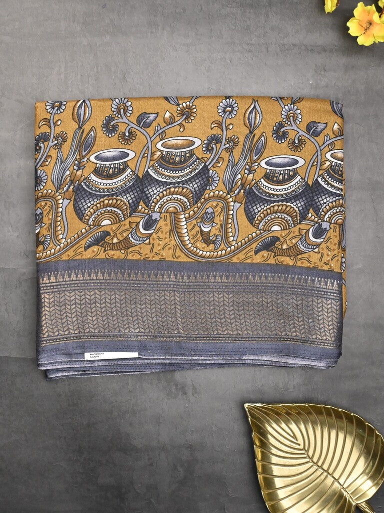 Dola silk fancy saree mustard yellow color allover prints & zari border with printed pallu and printed blouse