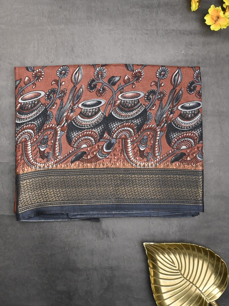 Dola silk fancy saree peach color allover prints & zari border with printed pallu and printed blouse