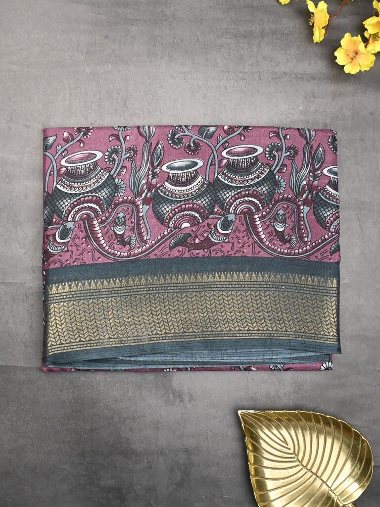 Dola silk fancy saree purple color allover prints & zari border with printed pallu and printed blouse