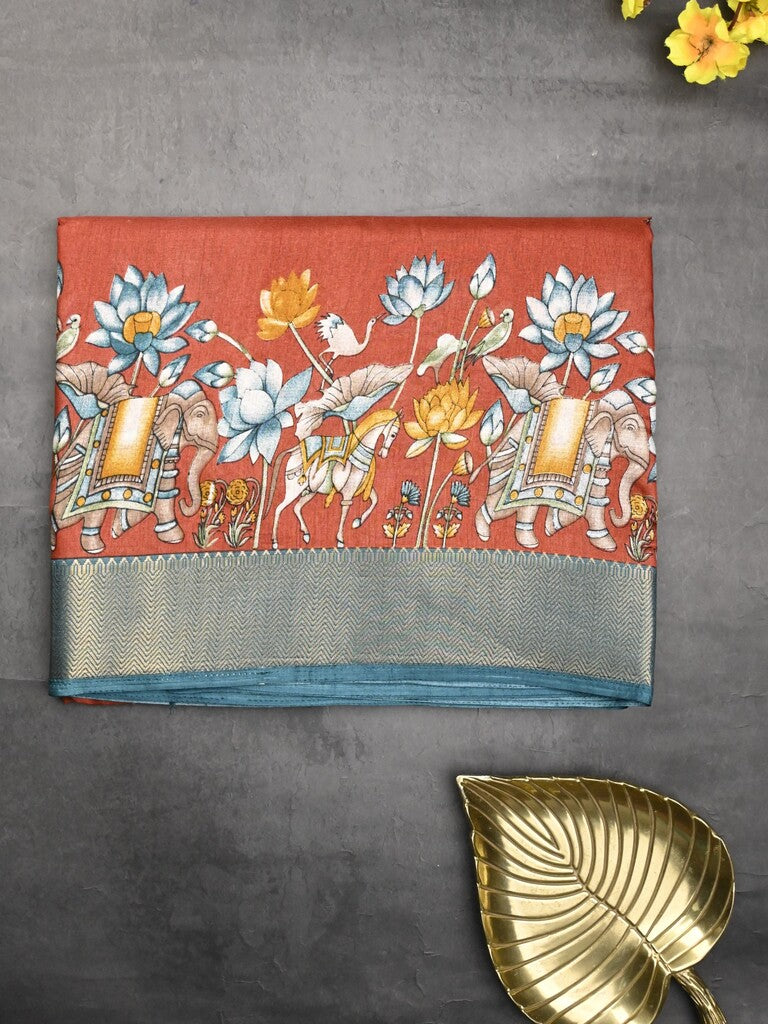 Dola silk fancy saree red color allover prints & zari border with printed pallu and printed blouse