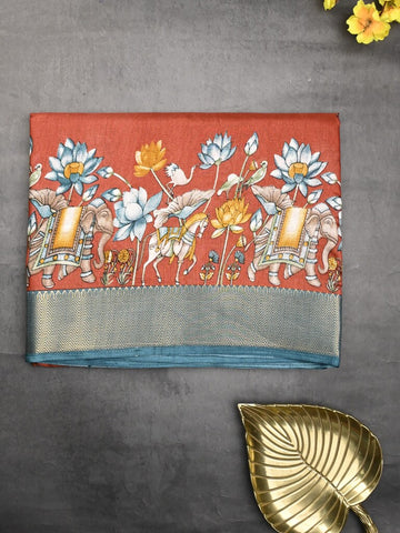 Dola silk fancy saree red color allover prints & zari border with printed pallu and printed blouse