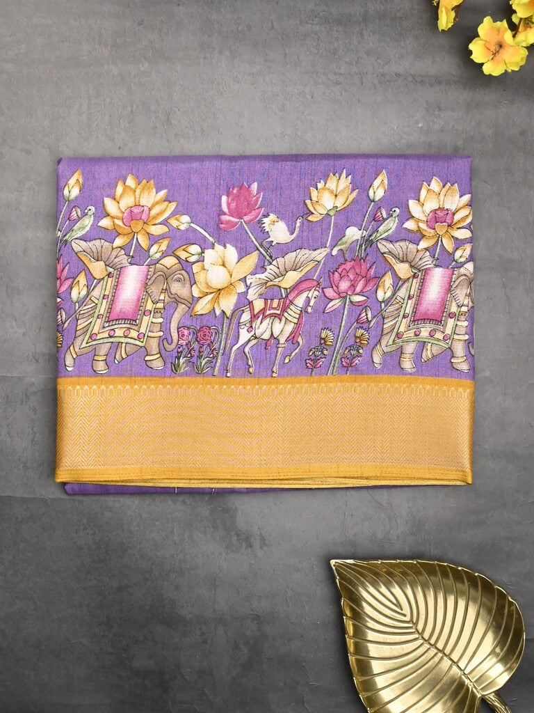 Dola silk fancy saree dark lavender color allover prints & zari border with printed pallu and printed blouse