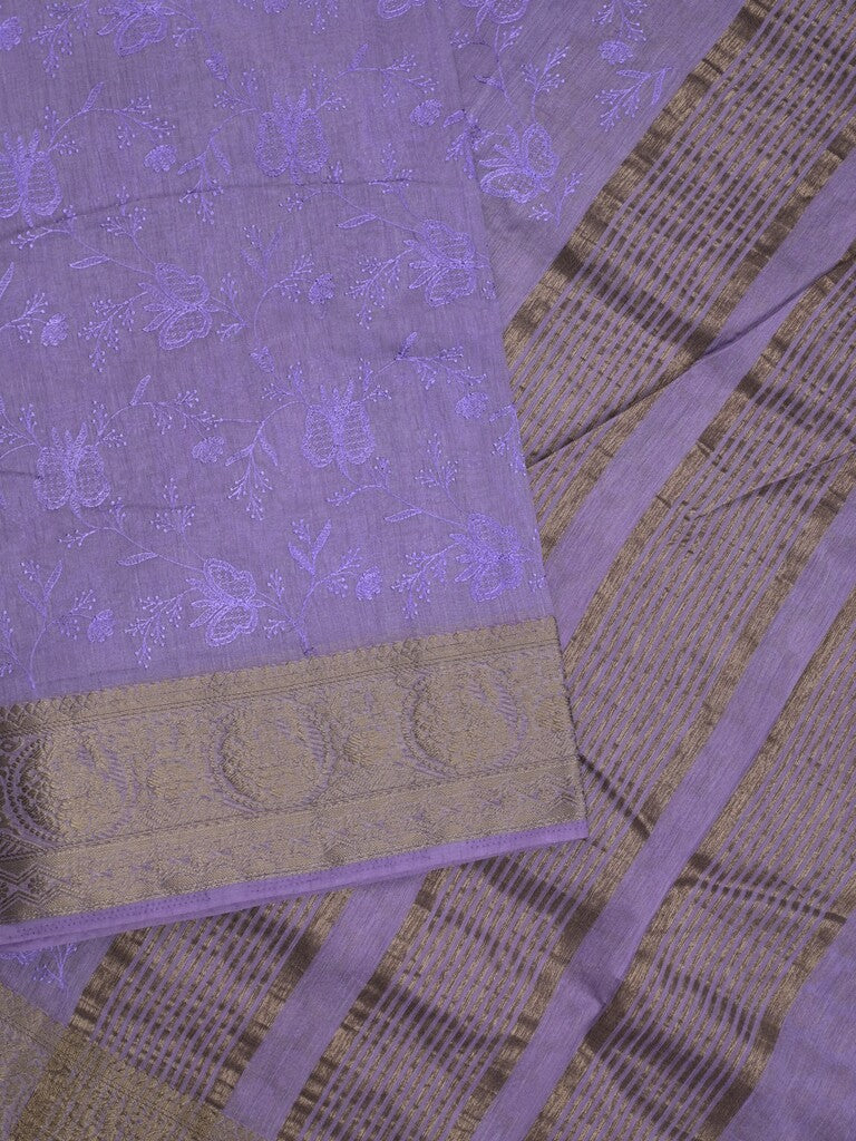 Chanderi kora fancy saree lavender color allover embroidery & zari border with short pallu and plain blouse