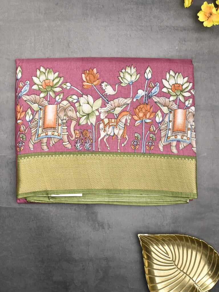 Dola silk fancy saree purple color allover prints & zari border with printed pallu and printed blouse