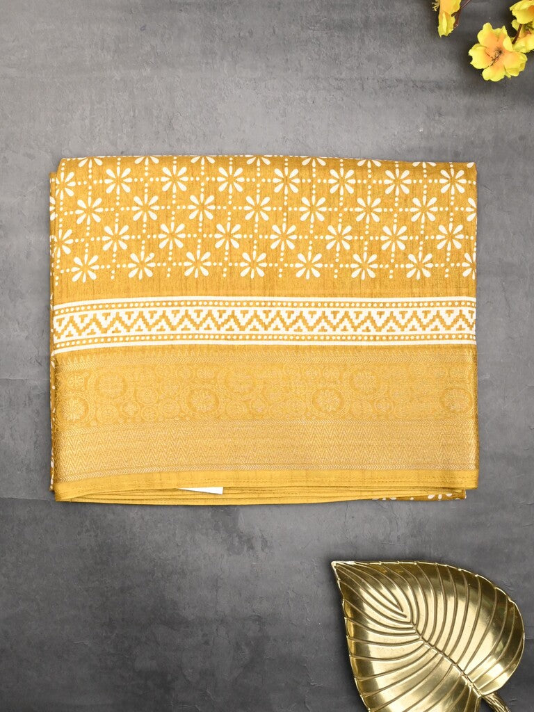 Dola silk fancy saree yellow color allover prints & zari border with printed pallu and printed blouse