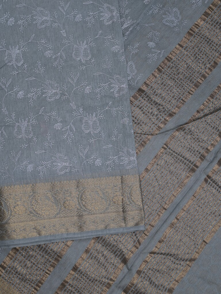 Chanderi kora fancy saree bluish grey color allover embroidery & zari border with short pallu and plain blouse
