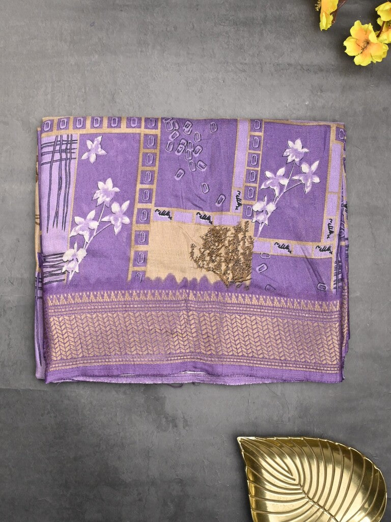 Dola silk fancy saree lavender color allover prints & zari border with printed pallu and printed blouse