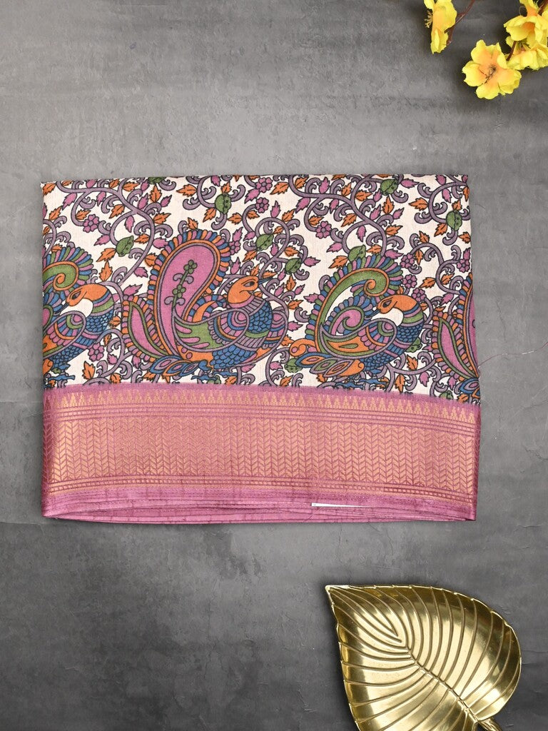 Dola silk fancy saree cream color allover prints & zari border with printed pallu and printed blouse