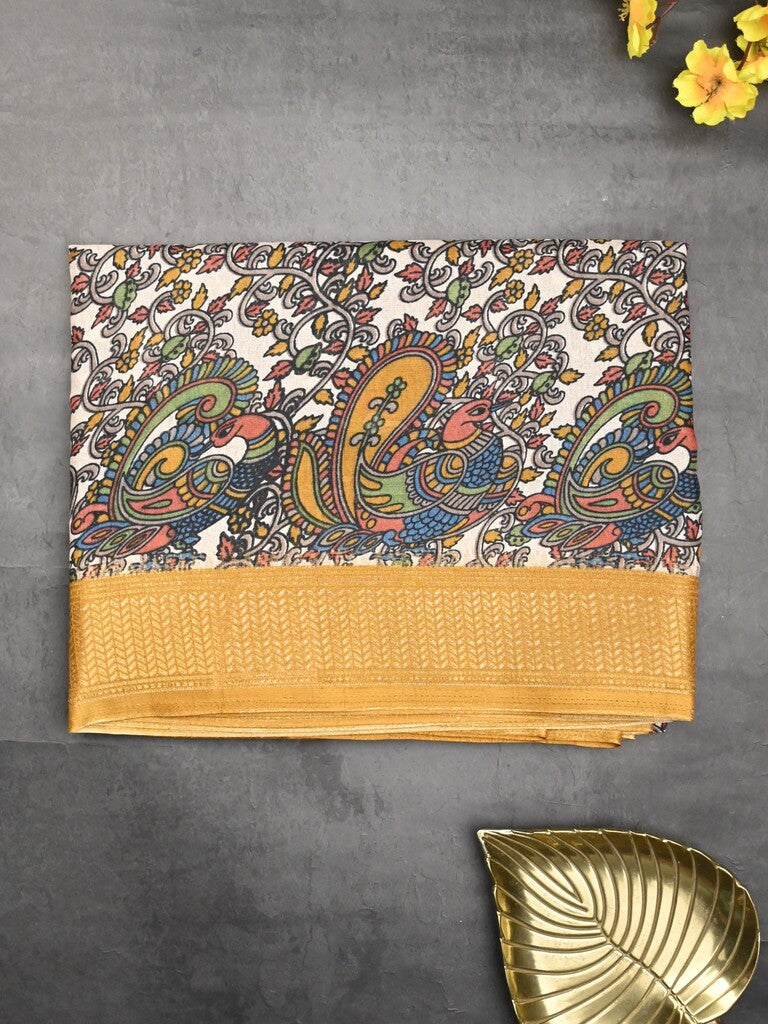 Dola silk fancy saree cream color allover prints & zari border with printed pallu and printed blouse