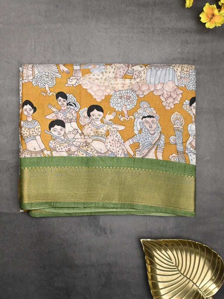 Dola silk fancy saree yellow color allover prints & zari border with printed pallu and printed blouse