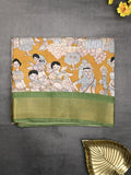 Dola silk fancy saree yellow color allover prints & zari border with printed pallu and printed blouse