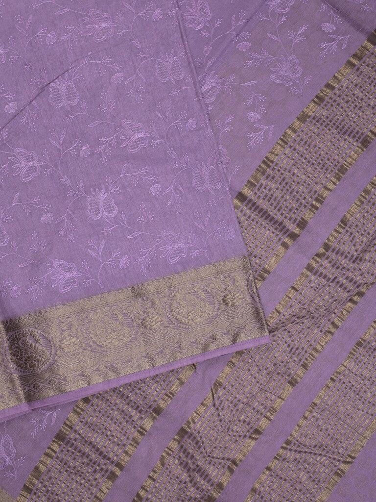 Chanderi kora fancy saree purple color allover embroidery & zari border with short pallu and plain blouse