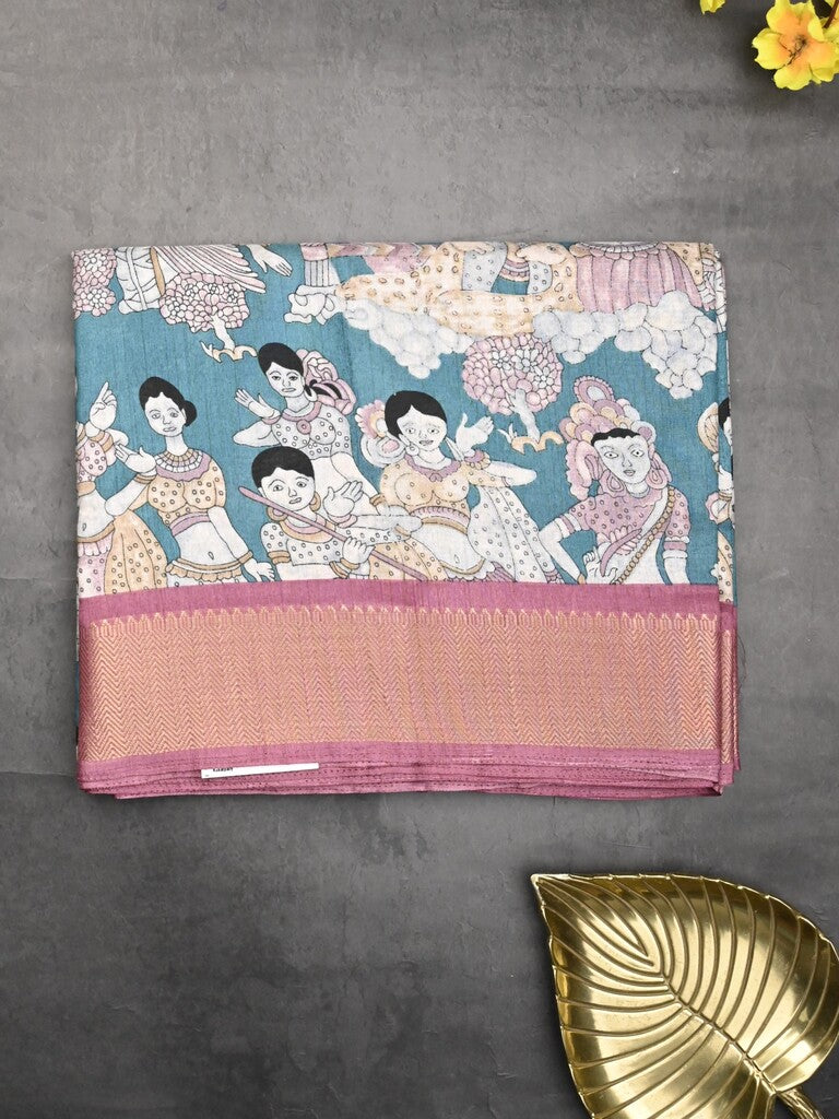 Dola silk fancy saree sky blue color allover prints & zari border with printed pallu and printed blouse