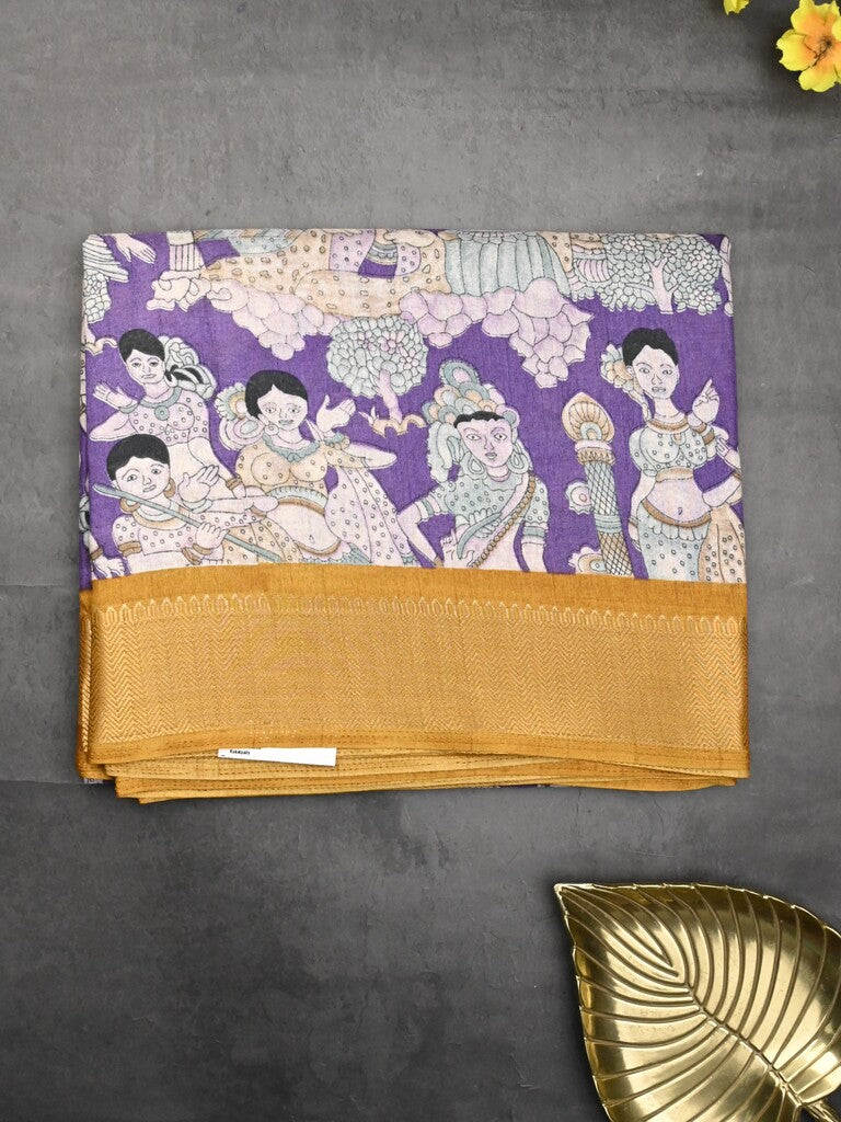 Dola silk fancy saree lavender color allover prints & zari border with printed pallu and printed blouse