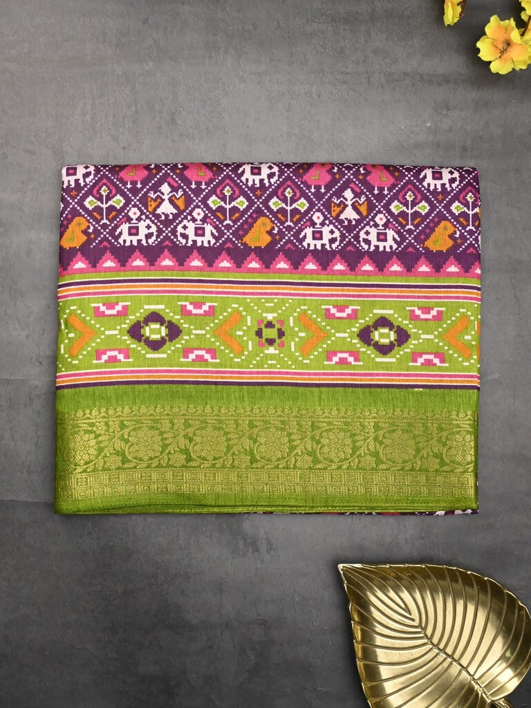 Dola silk fancy saree purple color allover prints & zari border with printed pallu and printed blouse