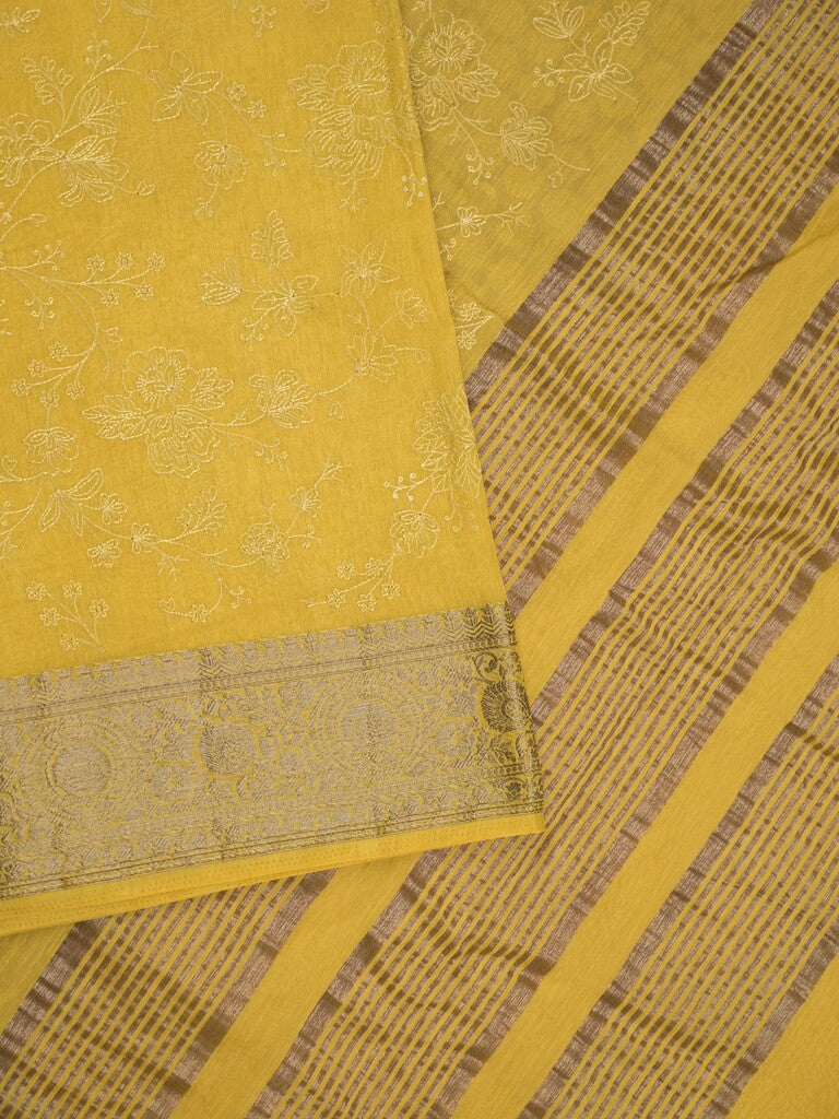 Chanderi kora fancy saree golden yellow color allover embroidery & zari border with short pallu and plain blouse