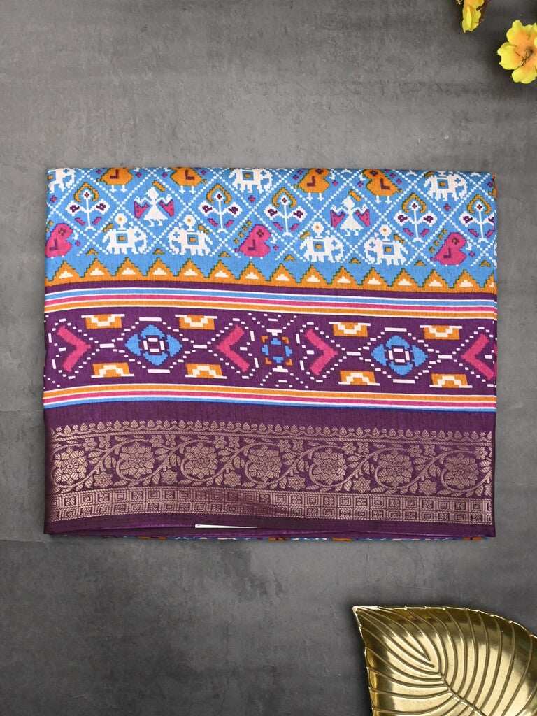 Dola silk fancy saree sky blue color allover prints & zari border with printed pallu and printed blouse