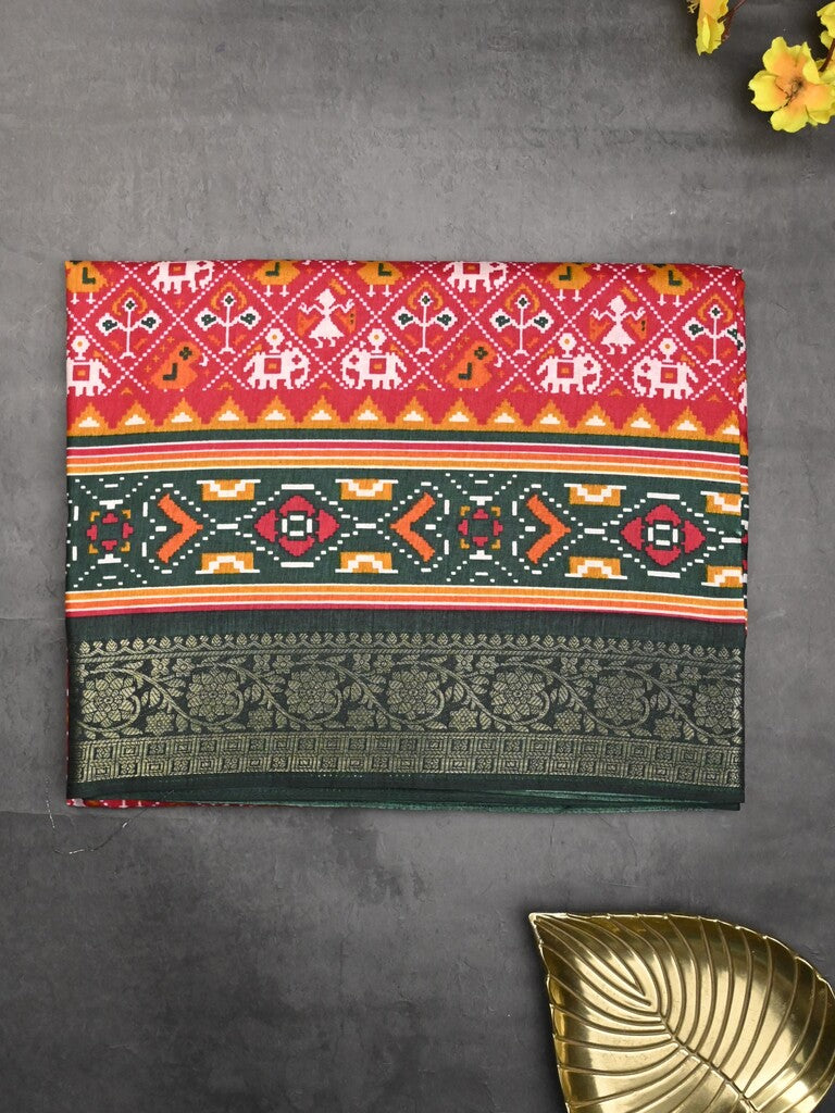 Dola silk fancy saree red color allover prints & zari border with printed pallu and printed blouse