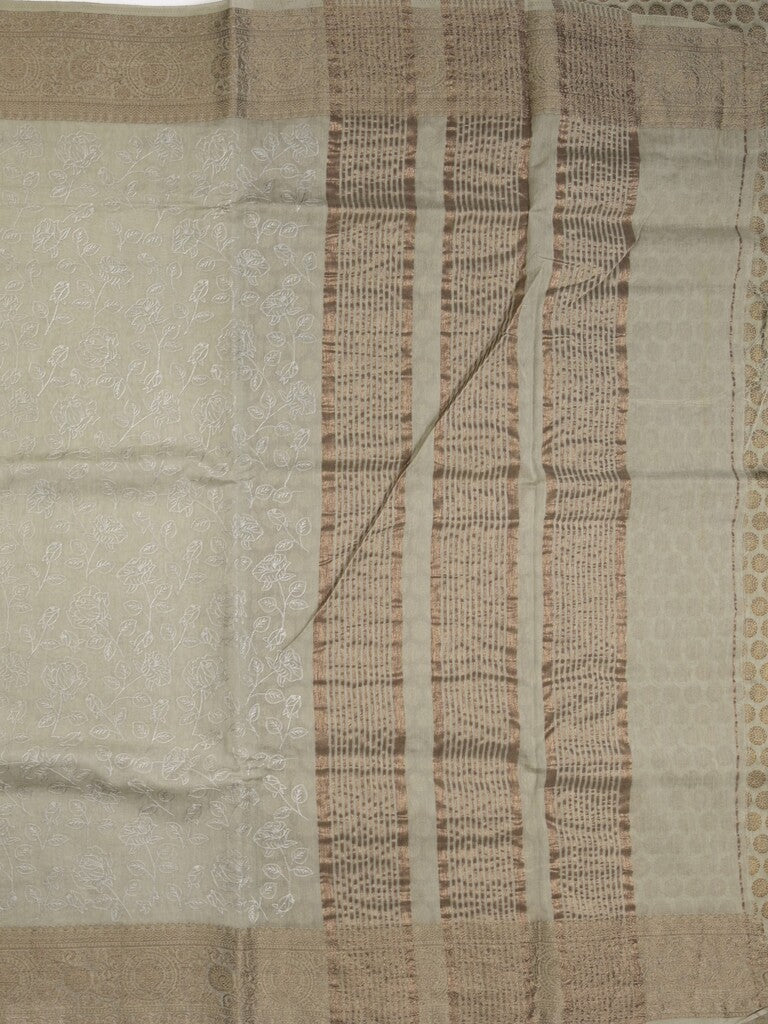 Chanderi kora fancy saree light grey color allover embroidery & zari border with short pallu and plain blouse