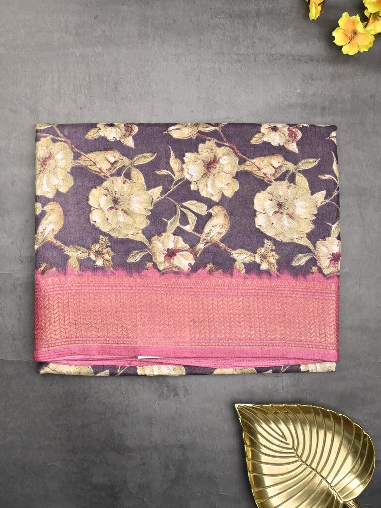 Dola silk fancy saree grey color allover prints & zari border with printed pallu and printed blouse