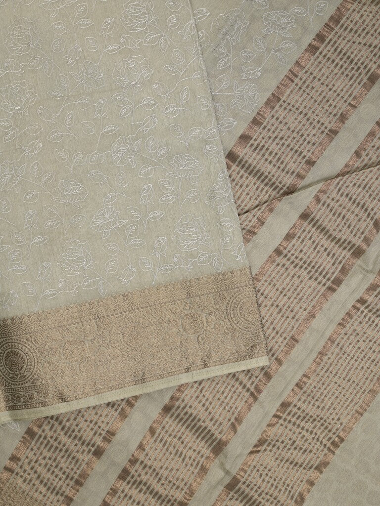 Chanderi kora fancy saree light grey color allover embroidery & zari border with short pallu and plain blouse