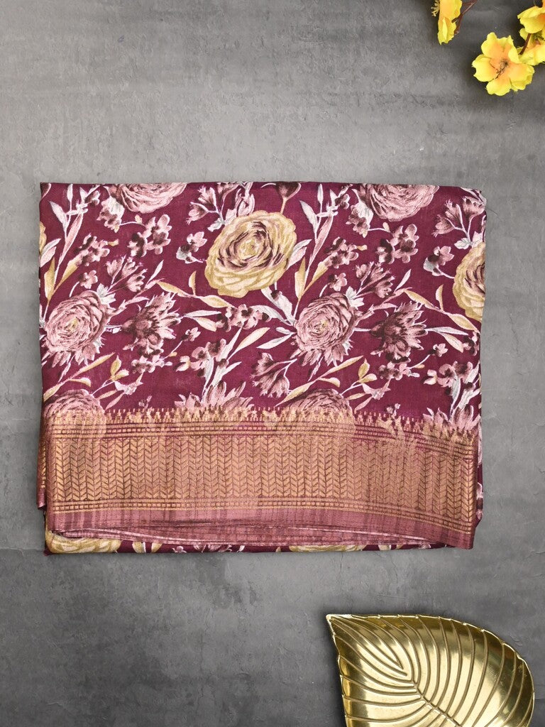 Dola silk fancy saree maroon color allover prints & zari border with printed pallu and printed blouse