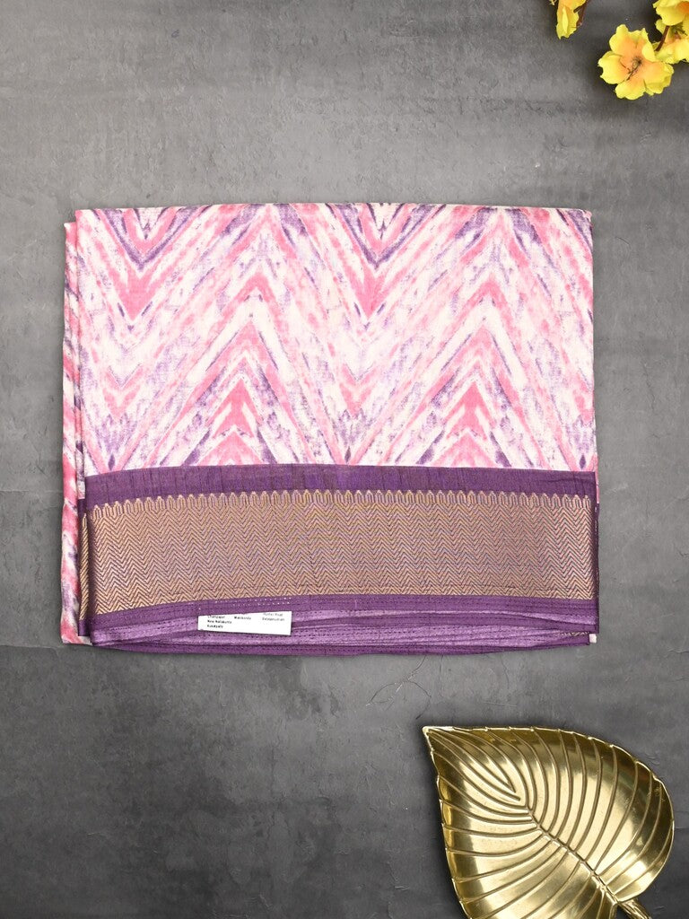 Dola silk fancy saree half white color allover prints & zari border with printed pallu and plain blouse