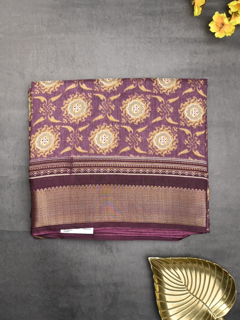 Dola silk fancy saree wine color allover prints & zari border with printed pallu and plain blouse