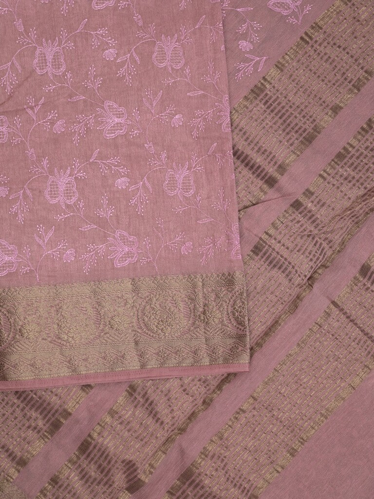 Chanderi kora fancy saree onion pink color allover embroidery & zari border with short pallu and plain blouse