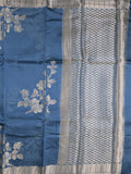 Raw mango fancy saree peacock blue color allover zari weaves & zari border with brocade pallu and brocade blouse