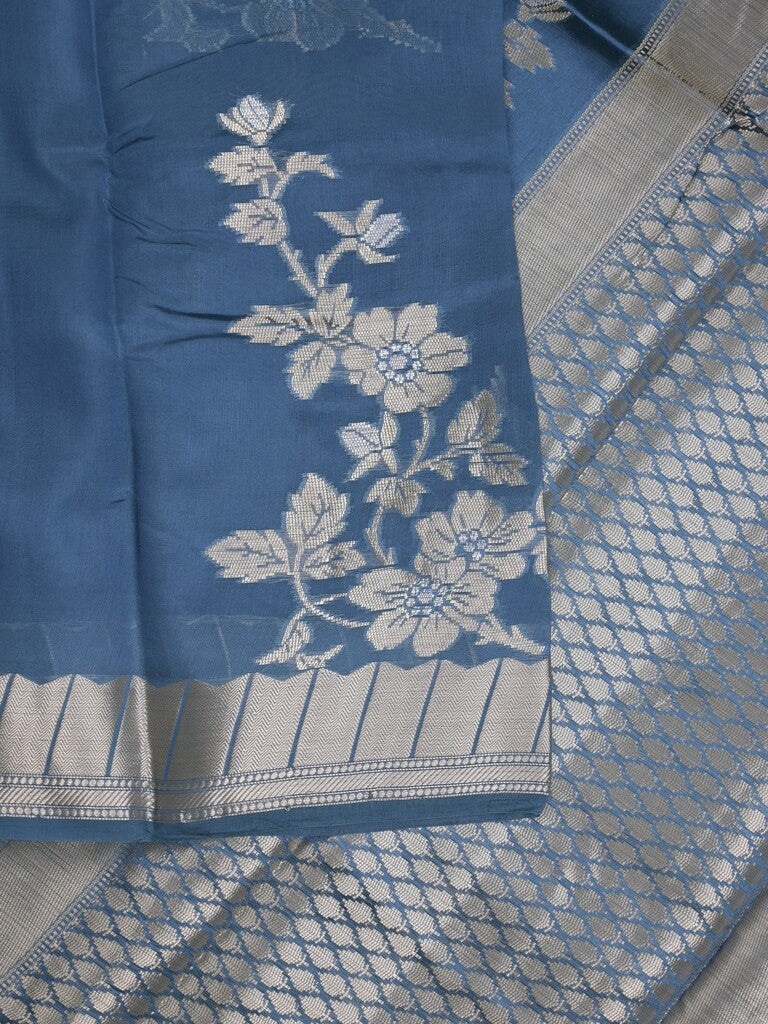 Raw mango fancy saree peacock blue color allover zari weaves & zari border with brocade pallu and brocade blouse