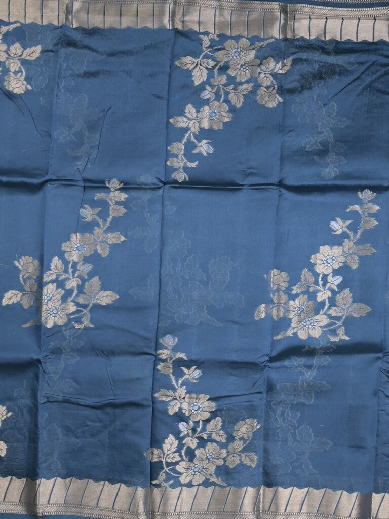 Raw mango fancy saree peacock blue color allover zari weaves & zari border with brocade pallu and brocade blouse