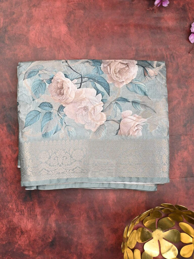 Chanderi fancy saree light blue color allover prints & zari border with rich pallu and printed blouse