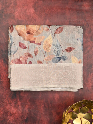 Chanderi fancy saree light grey color allover prints & zari border with rich pallu and printed blouse