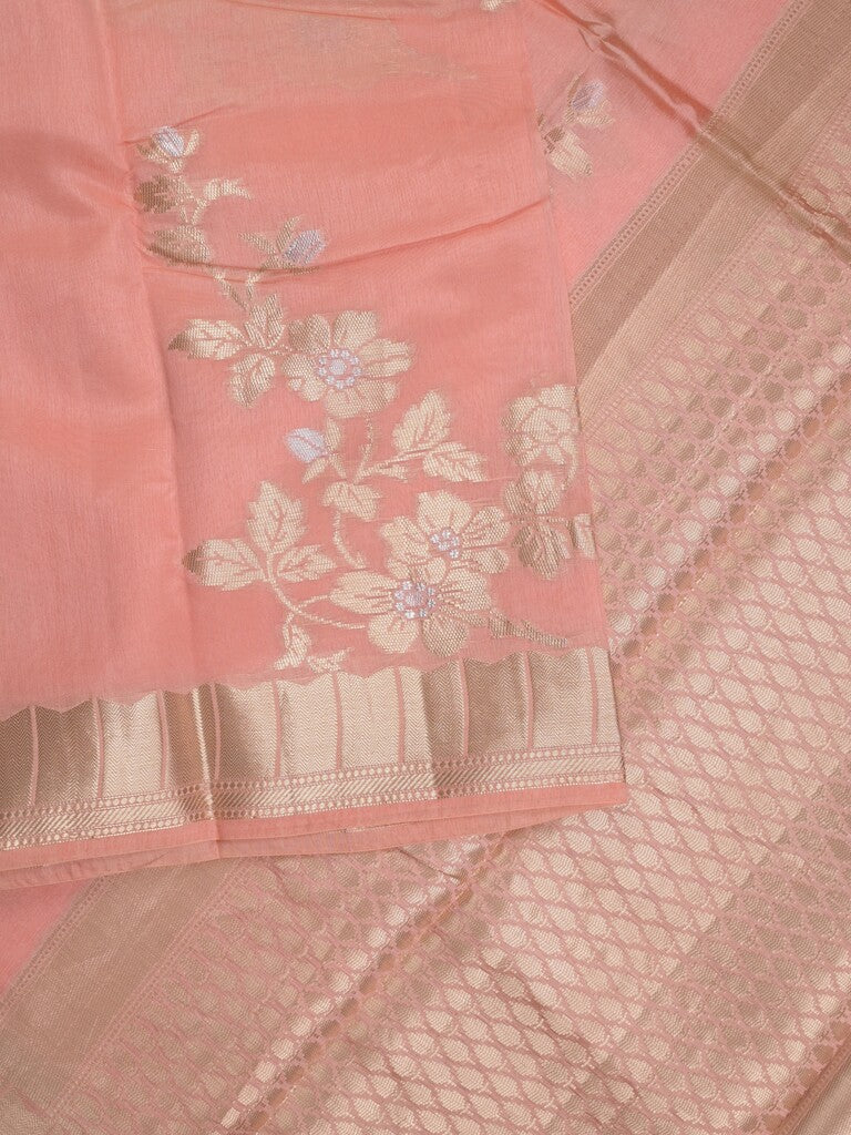 Raw mango fancy saree baby pink color allover zari weaves & zari border with brocade pallu and brocade blouse