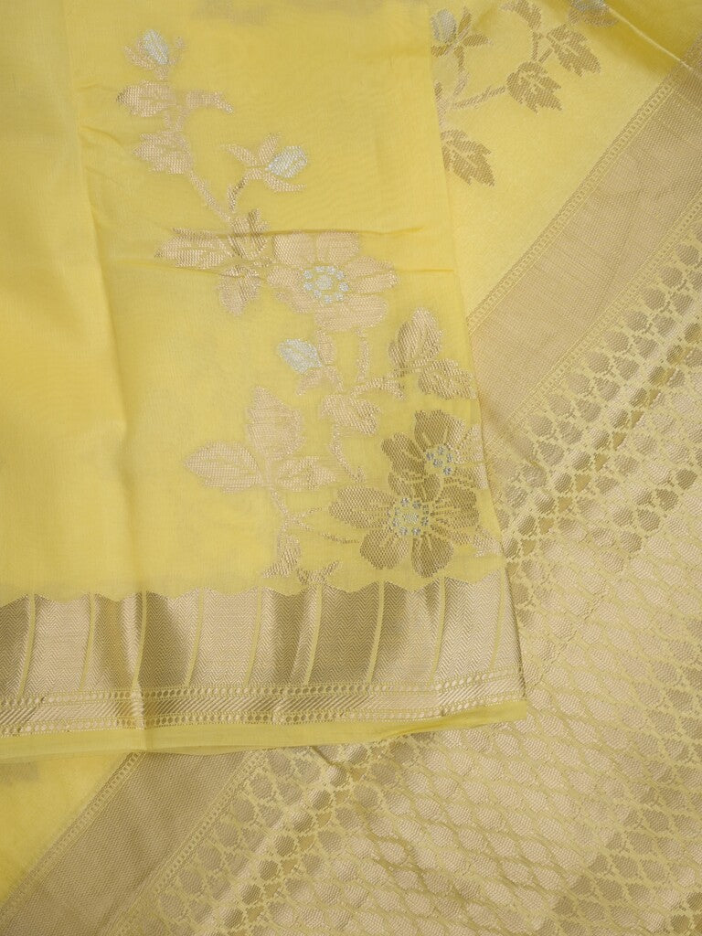 Raw mango fancy saree lemon yellow color allover zari weaves & zari border with brocade pallu and brocade blouse
