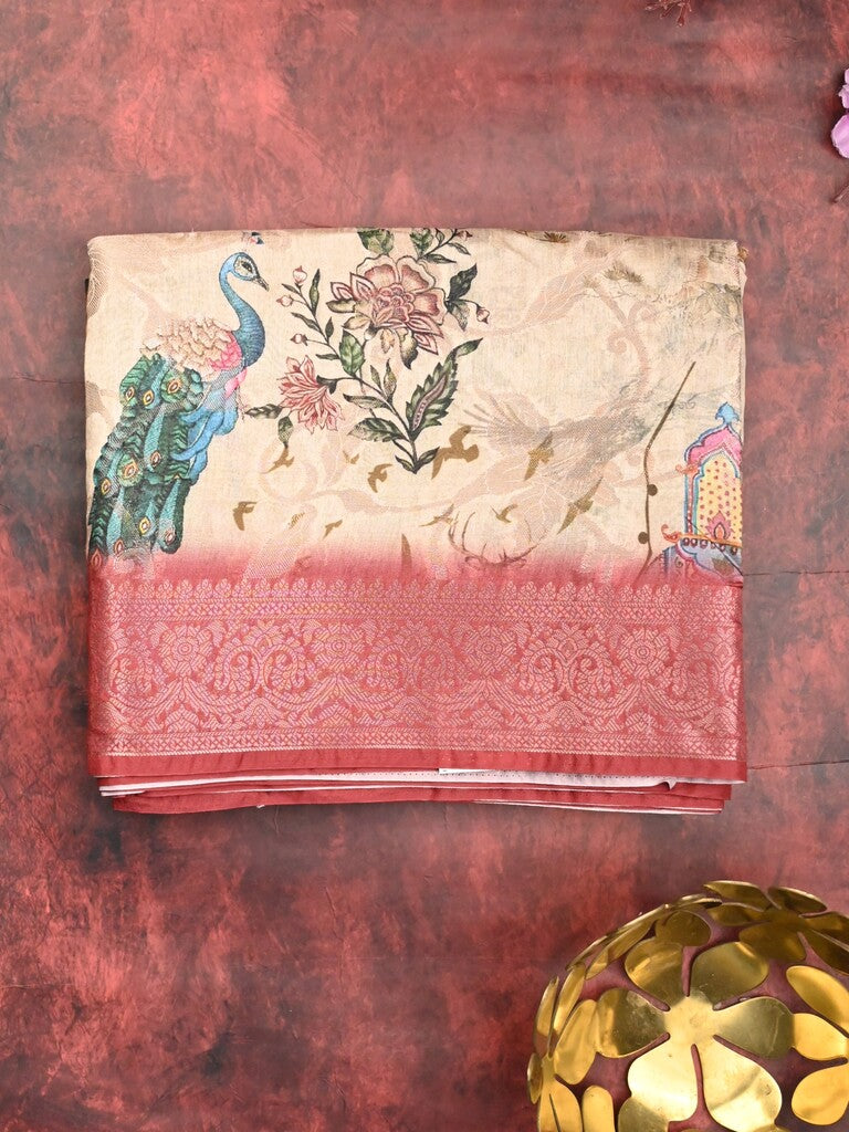Chanderi fancy saree cream color allover prints & zari border with rich pallu and printed blouse