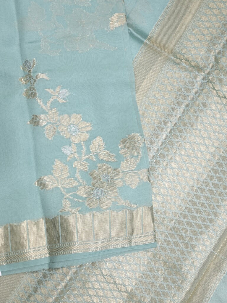 Raw mango fancy saree light blue color allover zari weaves & zari border with brocade pallu and brocade blouse